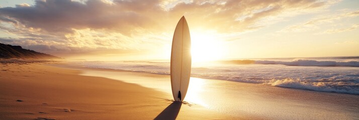 Poster - Against a backdrop of a vibrant sunset, a surfboard stands upright in the warm sand, casting a long shadow while gentle waves lap at the shore