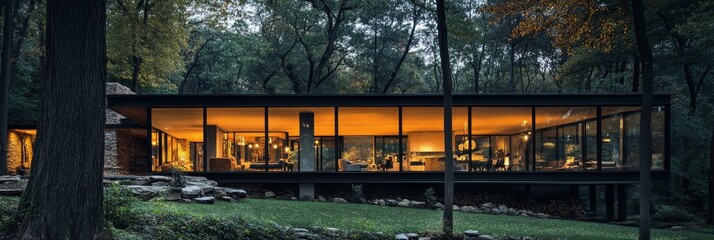 Wall Mural - Nestled in a forest, the contemporary home features expansive glass walls that reveal a warm and inviting interior, set against a backdrop of lush greenery during twilight