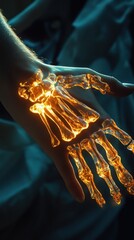 Canvas Print - A close-up image of a human hand with the bones glowing brightly, appearing translucent against a dark background.