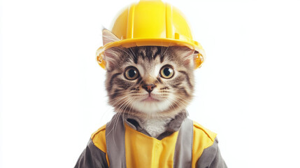 Funny cat wearing a builder's suit. Craftsman on a white background