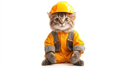 Funny cat wearing a builder's suit. Craftsman on a white background