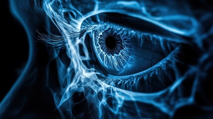 Wall Mural - A close-up of a blue eye with a dark pupil, surrounded by a glowing blue network of veins.
