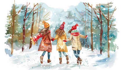 Wall Mural - Three women are walking in the snow, wearing red hats and scarves