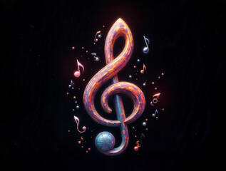 Poster - colorful music treble clef symbol with musical notes. Generative AI