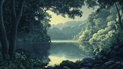 Wall Mural - Serene Forest Lake at Dusk with Sunbeams Filtering Through Trees