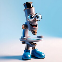 Gray microscope character, curious, large sparkling eyes, open mouth, holding glass slide, blue shoes, bright blue gradient background.