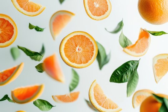Sliced oranges, orange wedges, and green leaves are scattered and floating