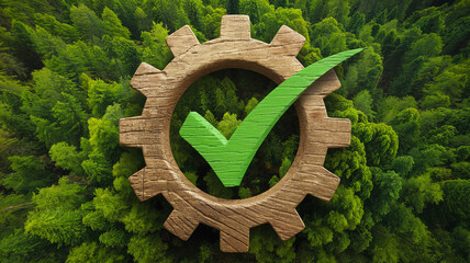 eco-friendly concept with a wooden gear and check mark symbolizing environmental compliance and sust