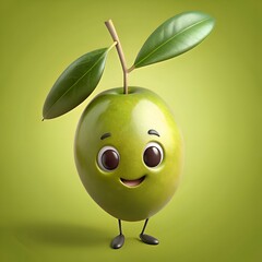 Wall Mural - A cute 3D illustration of an olive with a friendly smile and big eyes.