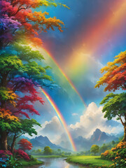 Wall Mural - Rainbow after rain background with a blue sky
