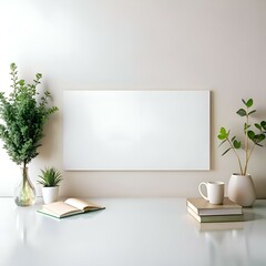 Poster - Clean. modern desk mockup with a blank canvas. book. coffee cup. and plants.