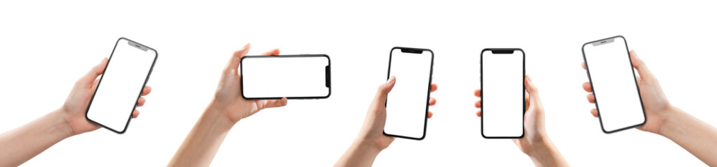 Gesture of hand holding smartphone with a blank screen, mock-up for application mobile, modern design.