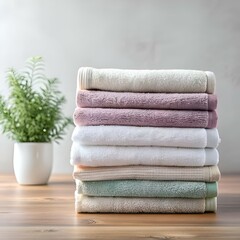 A stack of soft and fluffy towels in various colors. neatly folded and arranged on a wooden surface.