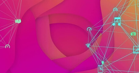 Aufkleber - Network of connected devices and icons animation over abstract pink and orange background