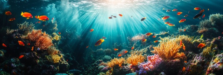 A stunning coral reef alive with a variety of colorful fish, illuminated by sunlight filtering through the water, showcasing the beauty of marine life