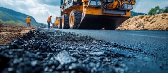 Wall Mural - Road Construction with Heavy Machinery and Workers Paving Fresh Asphalt on a Sunny Day