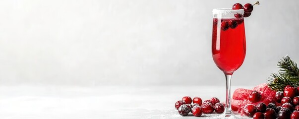 A glass of Christmas cranberry mimosa, with a sugared rim and berry garnish, sparkling holiday drink, isolated on white background