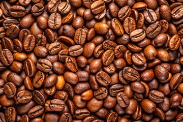 Close-up of roasted coffee beans, showing their rich brown color, smooth surface, and slight variations in shape.