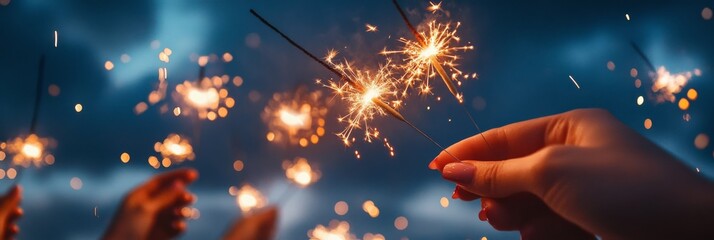 Wall Mural - A small group of people joyfully celebrate as they hold sparklers, illuminating the dusky sky with vibrant light and creating a festive atmosphere