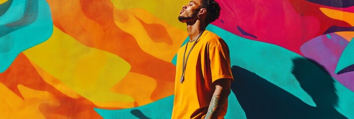 Poster - A young man dressed in casual urban streetwear poses against a colorful mural, embodying a modern street style and showcasing artistic urban culture