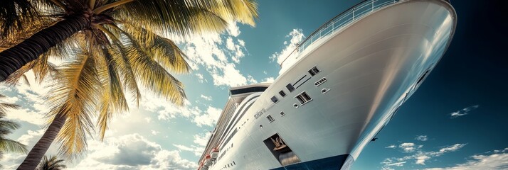 Wall Mural - A grand cruise ship rests at a tropical island, surrounded by palm trees, while the sun casts dramatic shadows against a stunning sky filled with clouds