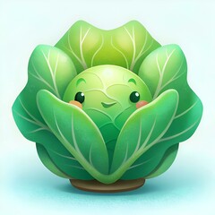 Wall Mural - A cute. cartoon style cabbage with a smiling face peeks out from its green leaves.