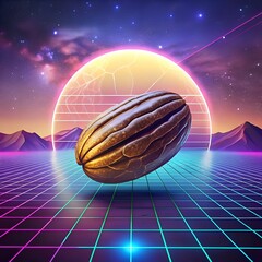 Wall Mural - A striking 3D illustration of a pecan nut in a retro futuristic setting with a glowing sun. starry sky. and a vibrant 80s style grid.