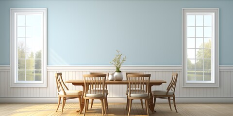 A light blue wall in the dining room of an elegant modern home with white paneling and shiplap ceiling.