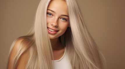 Portrait of a smiling cheerful blond teenage girl with long white hair and perfect skin, creamy beige background, banner.