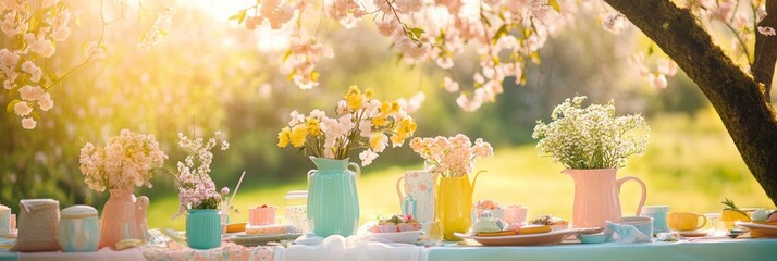 This spring garden party features a long table adorned with pastel-colored decorations and fresh flowers under blossoming trees, inviting guests to enjoy a lovely outdoor gathering