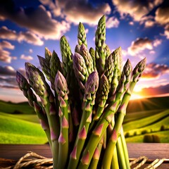 Wall Mural - A vibrant 3D illustration of a bunch of fresh asparagus spears against a picturesque sunset backdrop.