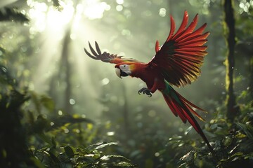 Wall Mural - Scarlet Macaw in Flight Through Lush Rainforest Canopy