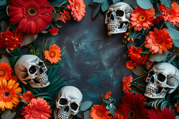 Wall Mural - Beautiful greeting card with bright holiday composition for happy to joy celebrate dia de muertos