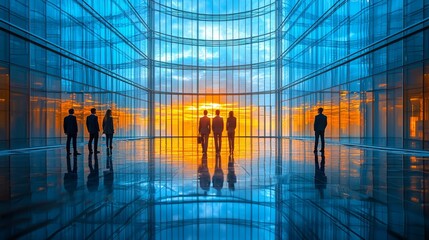 Silhouetted figures admire a vibrant sunset in a modern glass skyscraper space during twilight hours