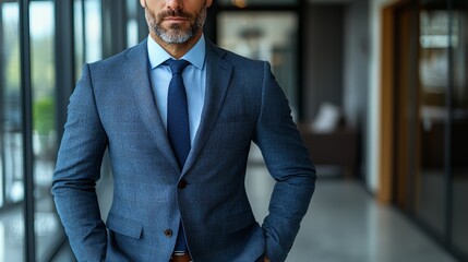 Wall Mural - Smartly dressed man in tailored suit standing confidently in modern office interior during daytime