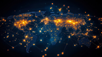 Poster - Global Digital Network Map with Glowing Connection Points and Data Nodes Visualizing Worldwide Internet Connections and Communication Systems
