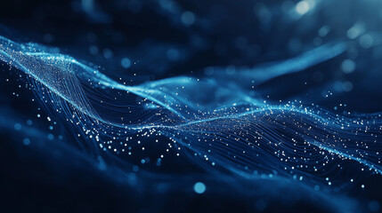 A dark blue background with glowing lines, representing the flow of digital information.