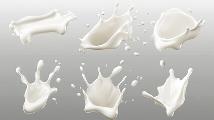 Set of realistic milk splashes in various shapes with drops, isolated on a transparent background, vector illustration.