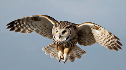 a short ear owl in mid flight with open wings 