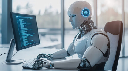 Poster - AI is changing how businesses use SEO. This means using smart technology to improve website ranking on search engines. The businessman is using a computer to take advantage of this.