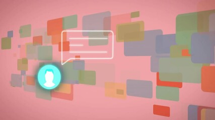 Poster - Chat bubble and user icon animation over colorful rectangles on pink background