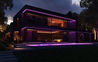 Wall Mural - Modern villa with colored LED lights at night