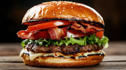 Close-up of a delectable bacon cheeseburger with a sesame seed bun, juicy beef patty, crispy bacon, fresh lettuce, tomato slices, and melted cheese.