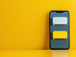 A smartphone displaying a messaging app interface against a vivid yellow background, symbolizing modern communication technology, with copy space