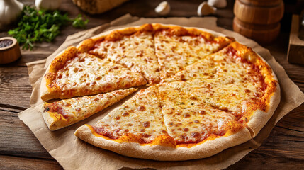 Poster - Freshly baked cheese pizza cut into slices on a rustic wooden table, presented on parchment paper with garlic, herbs, and pepper in the background.