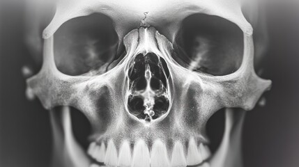 Poster - Close-up of a human skull with visible teeth and eye sockets, set against a dark background.