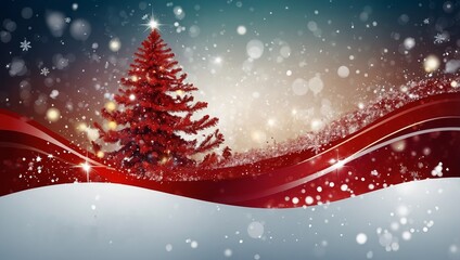 Christmas and New Year glowing red vector banner with snow wave, glitter, stars, snowflakes and christmas tree