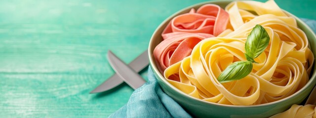 Wall Mural -  Close-up of a pasta bowl with scissors nearby..Or, for a more descriptive version:..Intimate image of a steaming bowl of