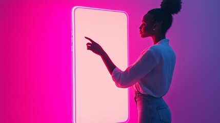 Wall Mural - A woman interacts with a glowing neon screen in a contemporary setting, showcasing technology and creativity at dusk