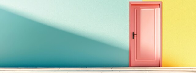 Sticker -  A pink door is positioned in front of a blue and yellow wall A door shadow lies on the floor beneath it